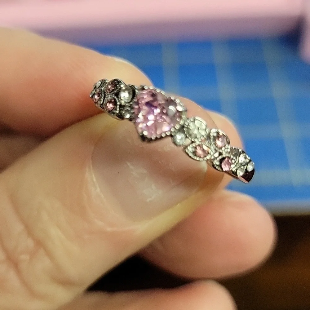 Pink Heart & Rhinestone Silver Tone Ring - Picture 5 of 5